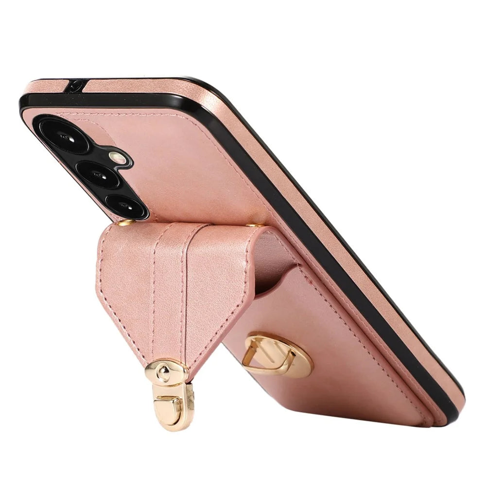 For Samsung Galaxy A56 5G Case Card Holder Kickstand PU Leather + TPU Phone Cover with Shoulder Strap - Rose Gold - 2