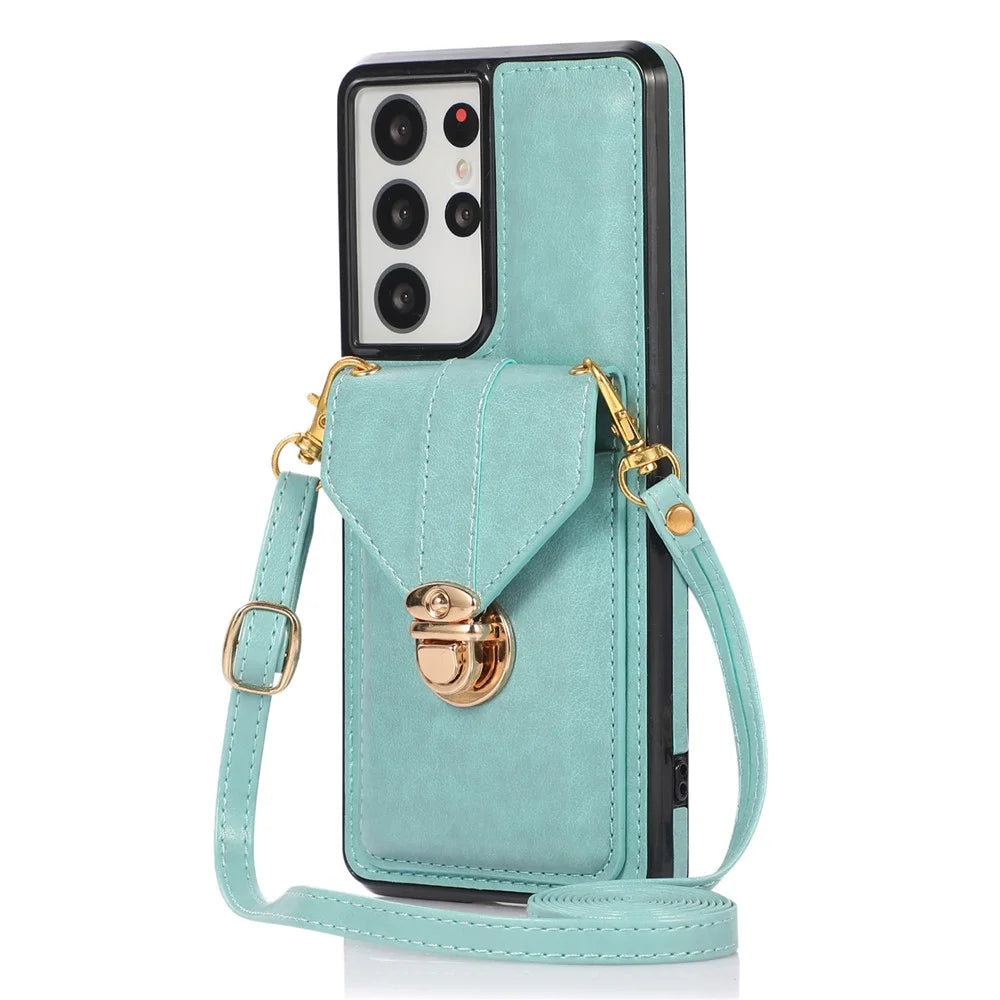 For Samsung Galaxy S25 Ultra Case Card Holder Kickstand PU Leather + TPU Phone Cover with Shoulder Strap - Green - 1