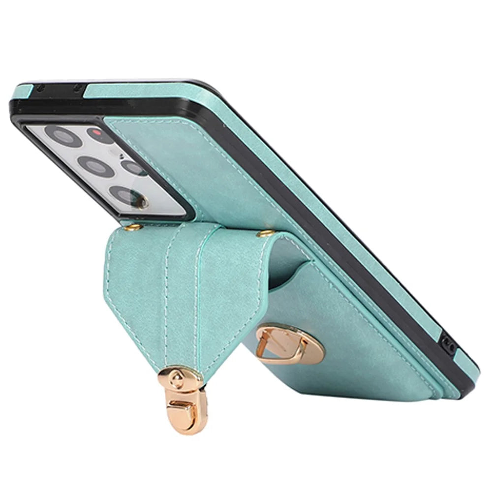 For Samsung Galaxy S25 Ultra Case Card Holder Kickstand PU Leather + TPU Phone Cover with Shoulder Strap - Green - 3