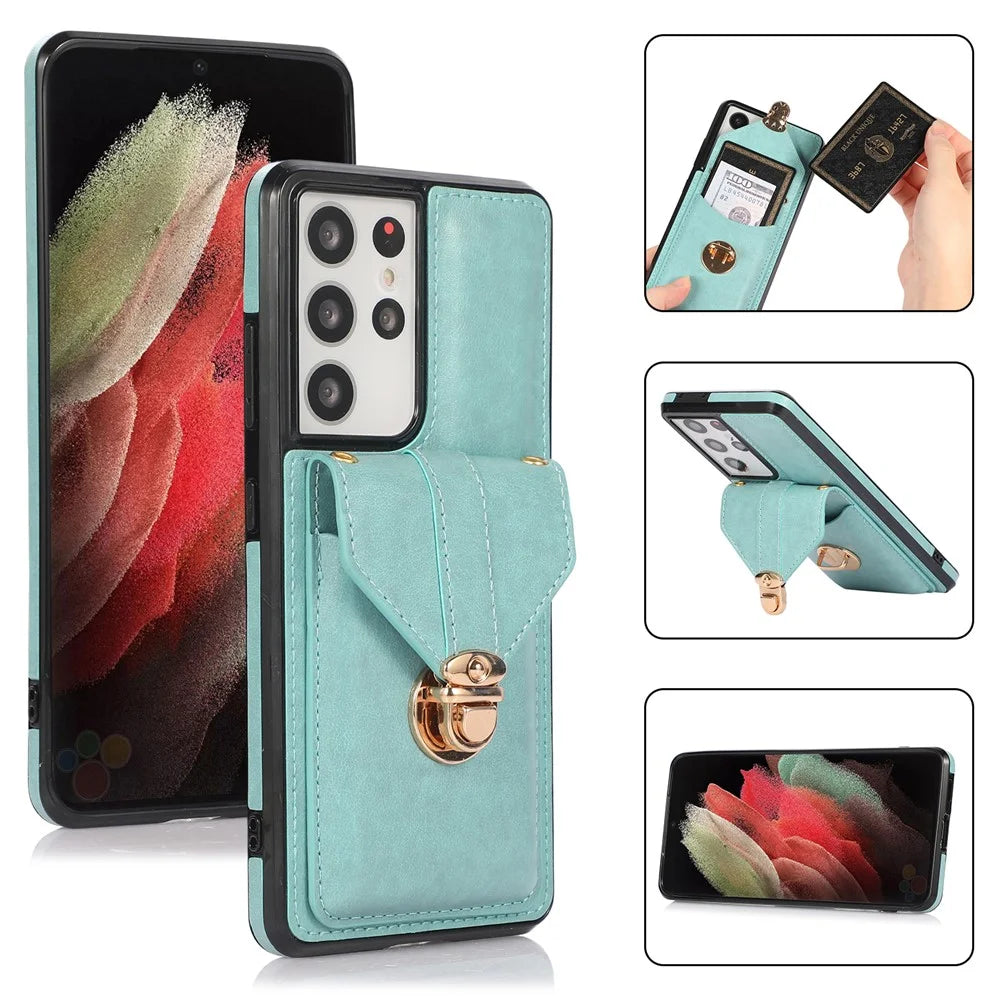 For Samsung Galaxy S25 Ultra Case Card Holder Kickstand PU Leather + TPU Phone Cover with Shoulder Strap - Green - 5