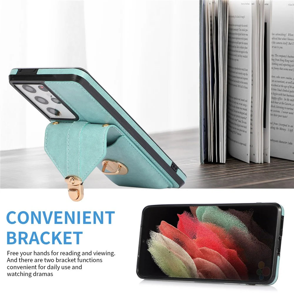For Samsung Galaxy S25 Ultra Case Card Holder Kickstand PU Leather + TPU Phone Cover with Shoulder Strap - Green - 6