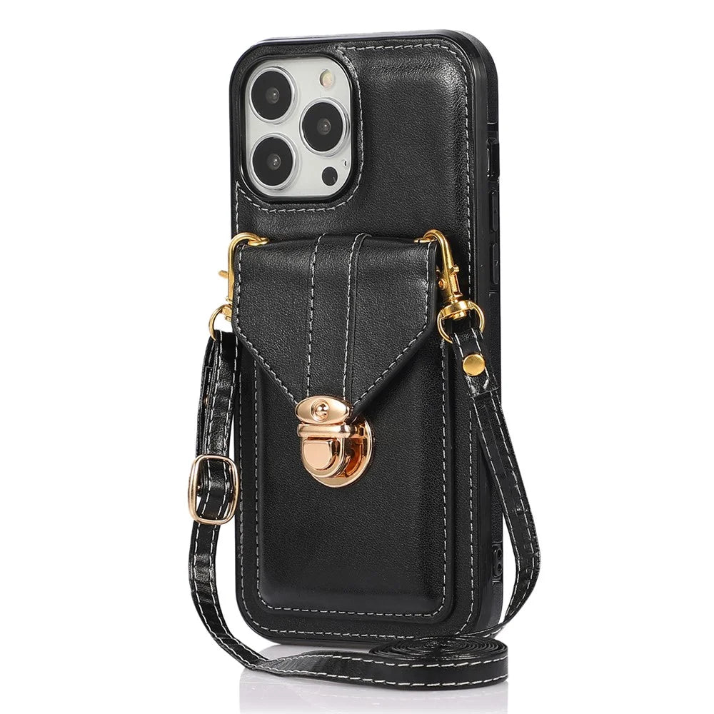 For iPhone 16 Pro Max Case Card Holder Kickstand PU Leather + TPU Phone Cover with Shoulder Strap - Black - 1