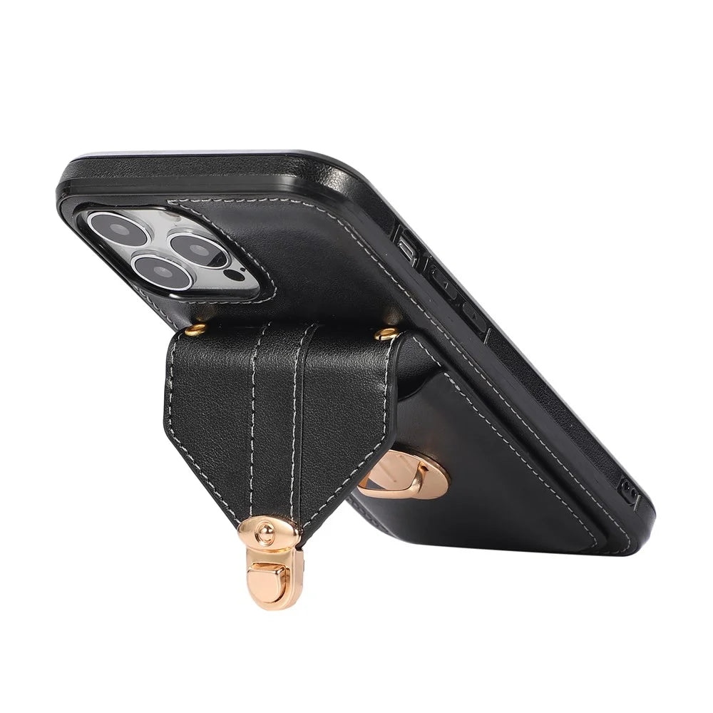 For iPhone 16 Pro Max Case Card Holder Kickstand PU Leather + TPU Phone Cover with Shoulder Strap - Black - 2