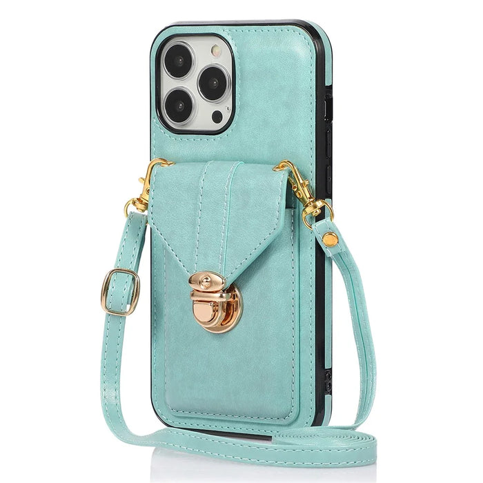 For iPhone 16 Pro Case Card Holder Kickstand PU Leather + TPU Phone Cover with Shoulder Strap - Green - 1