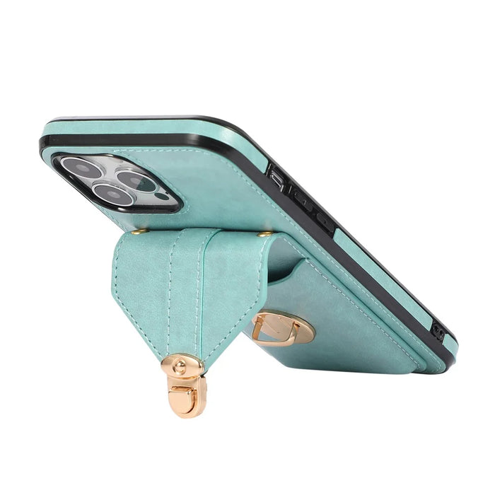 For iPhone 16 Pro Case Card Holder Kickstand PU Leather + TPU Phone Cover with Shoulder Strap - Green - 2