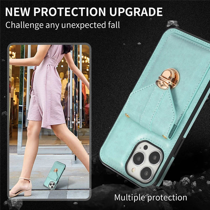 For iPhone 16 Pro Case Card Holder Kickstand PU Leather + TPU Phone Cover with Shoulder Strap - Green - 5