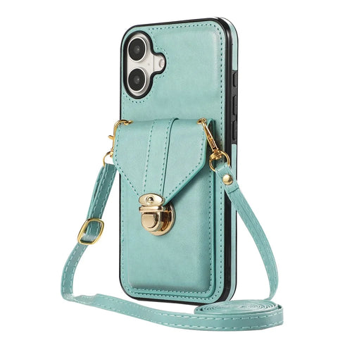 For iPhone 16 Case Card Holder Kickstand PU Leather + TPU Phone Cover with Shoulder Strap - Green - 1