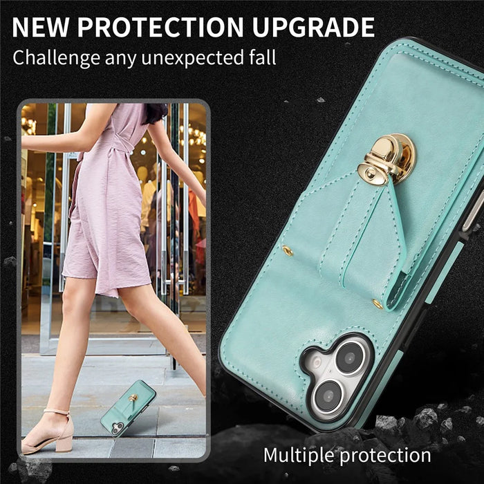 For iPhone 16 Case Card Holder Kickstand PU Leather + TPU Phone Cover with Shoulder Strap - Green - 4
