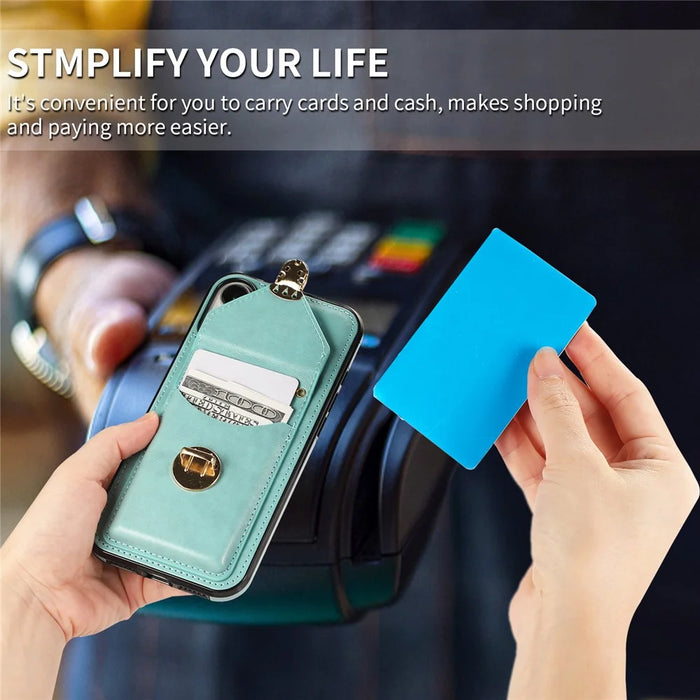 For iPhone 16 Case Card Holder Kickstand PU Leather + TPU Phone Cover with Shoulder Strap - Green - 5