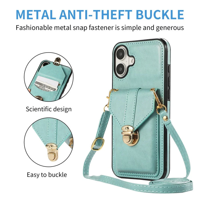 For iPhone 16 Case Card Holder Kickstand PU Leather + TPU Phone Cover with Shoulder Strap - Green - 7