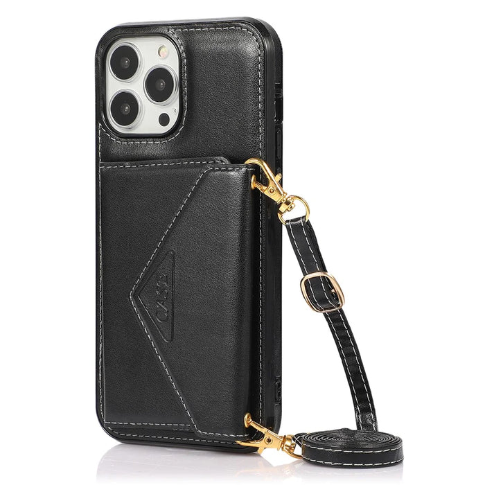 For iPhone 16 Pro Max Cell Phone Case Triangle Lid Card Bag Leather + TPU Cover with Long Strap - Black - 1