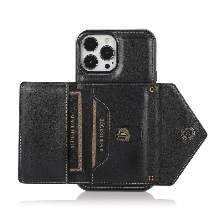 For iPhone 16 Pro Max Cell Phone Case Triangle Lid Card Bag Leather + TPU Cover with Long Strap - Black - 2