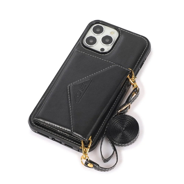 For iPhone 16 Pro Max Cell Phone Case Triangle Lid Card Bag Leather + TPU Cover with Long Strap - Black - 4