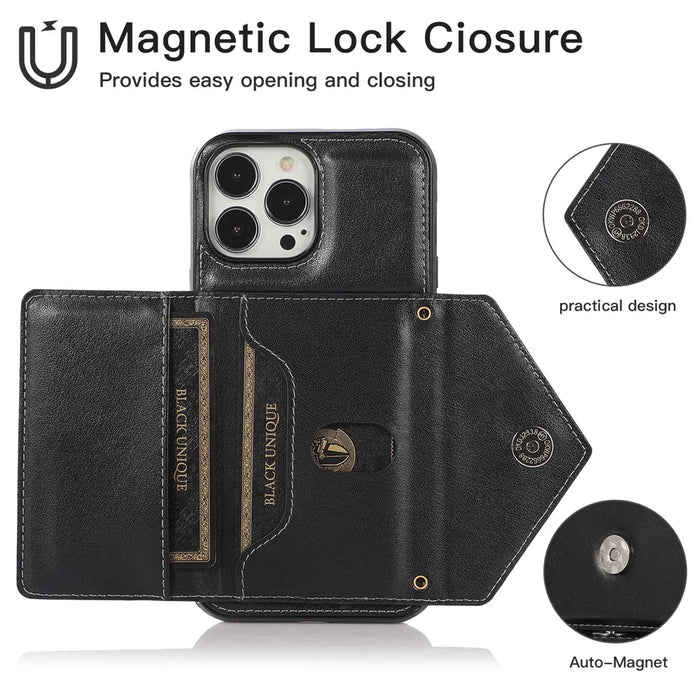 For iPhone 16 Pro Max Cell Phone Case Triangle Lid Card Bag Leather + TPU Cover with Long Strap - Black - 7