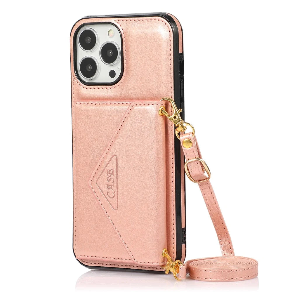 For iPhone 16 Pro Cell Phone Case Triangle Lid Card Bag Leather + TPU Cover with Long Strap - Rose Gold - 1