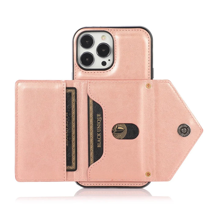 For iPhone 16 Pro Cell Phone Case Triangle Lid Card Bag Leather + TPU Cover with Long Strap - Rose Gold - 2