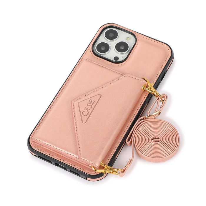 For iPhone 16 Pro Cell Phone Case Triangle Lid Card Bag Leather + TPU Cover with Long Strap - Rose Gold - 4