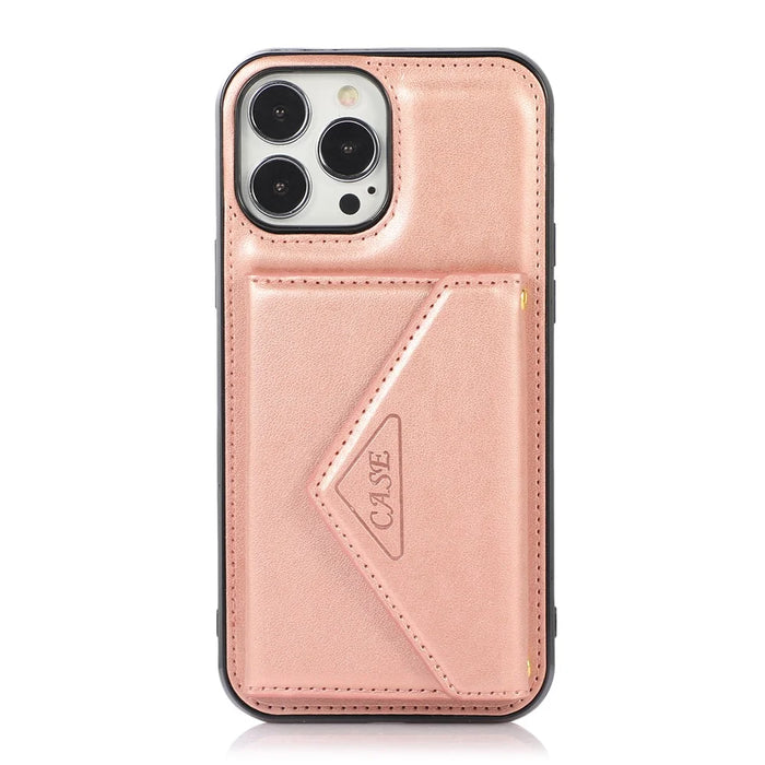 For iPhone 16 Pro Cell Phone Case Triangle Lid Card Bag Leather + TPU Cover with Long Strap - Rose Gold - 5