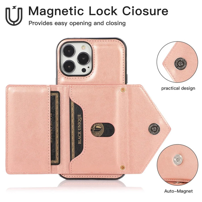 For iPhone 16 Pro Cell Phone Case Triangle Lid Card Bag Leather + TPU Cover with Long Strap - Rose Gold - 7