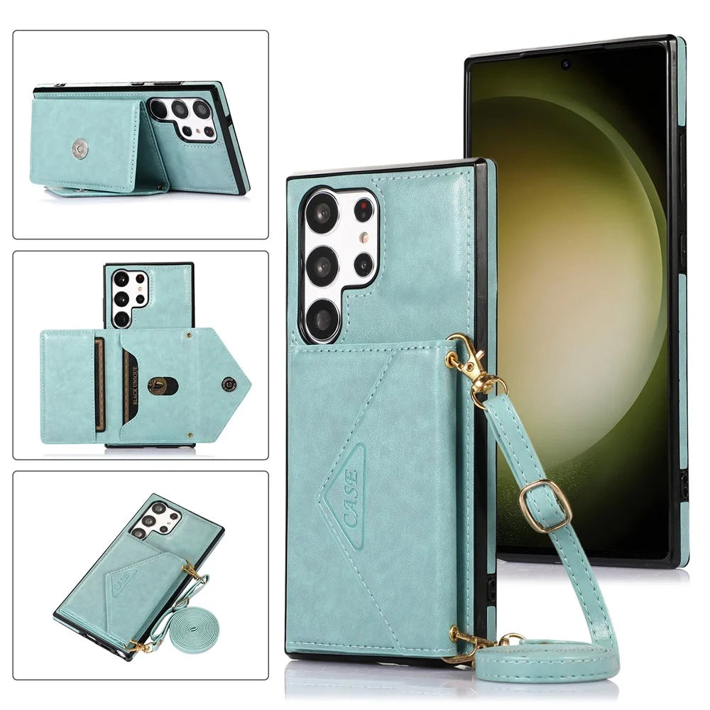 For Samsung Galaxy S25 Ultra Cell Phone Case Triangle Lid Card Bag Leather + TPU Cover with Long Strap - Green - 1