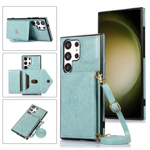 For Samsung Galaxy S25 Ultra Cell Phone Case Triangle Lid Card Bag Leather + TPU Cover with Long Strap - Green - 1