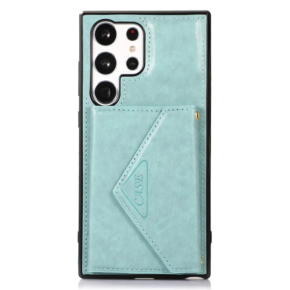 For Samsung Galaxy S25 Ultra Cell Phone Case Triangle Lid Card Bag Leather + TPU Cover with Long Strap - Green - 6
