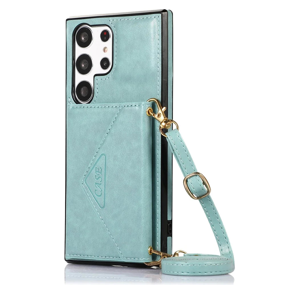 For Samsung Galaxy S25 Ultra Cell Phone Case Triangle Lid Card Bag Leather + TPU Cover with Long Strap - Green - 7