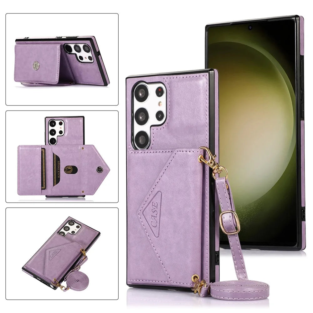 For Samsung Galaxy S24 Ultra Cell Phone Case Triangle Lid Card Bag Leather + TPU Cover with Long Strap - Purple - 1