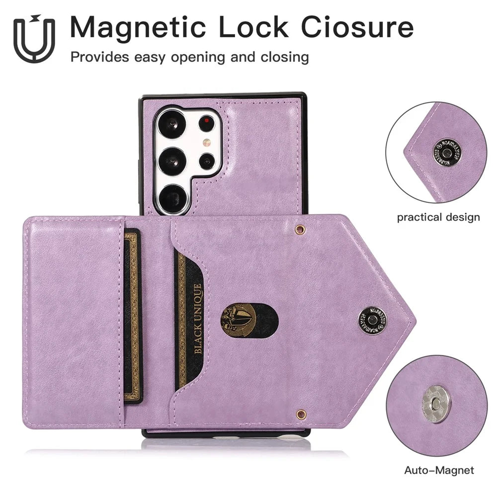 For Samsung Galaxy S24 Ultra Cell Phone Case Triangle Lid Card Bag Leather + TPU Cover with Long Strap - Purple - 4