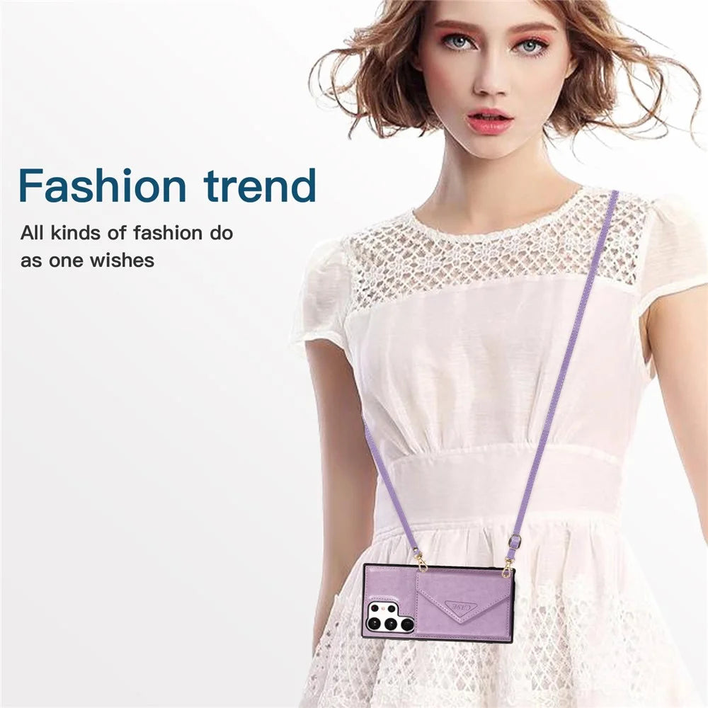 For Samsung Galaxy S24 Ultra Cell Phone Case Triangle Lid Card Bag Leather + TPU Cover with Long Strap - Purple - 5