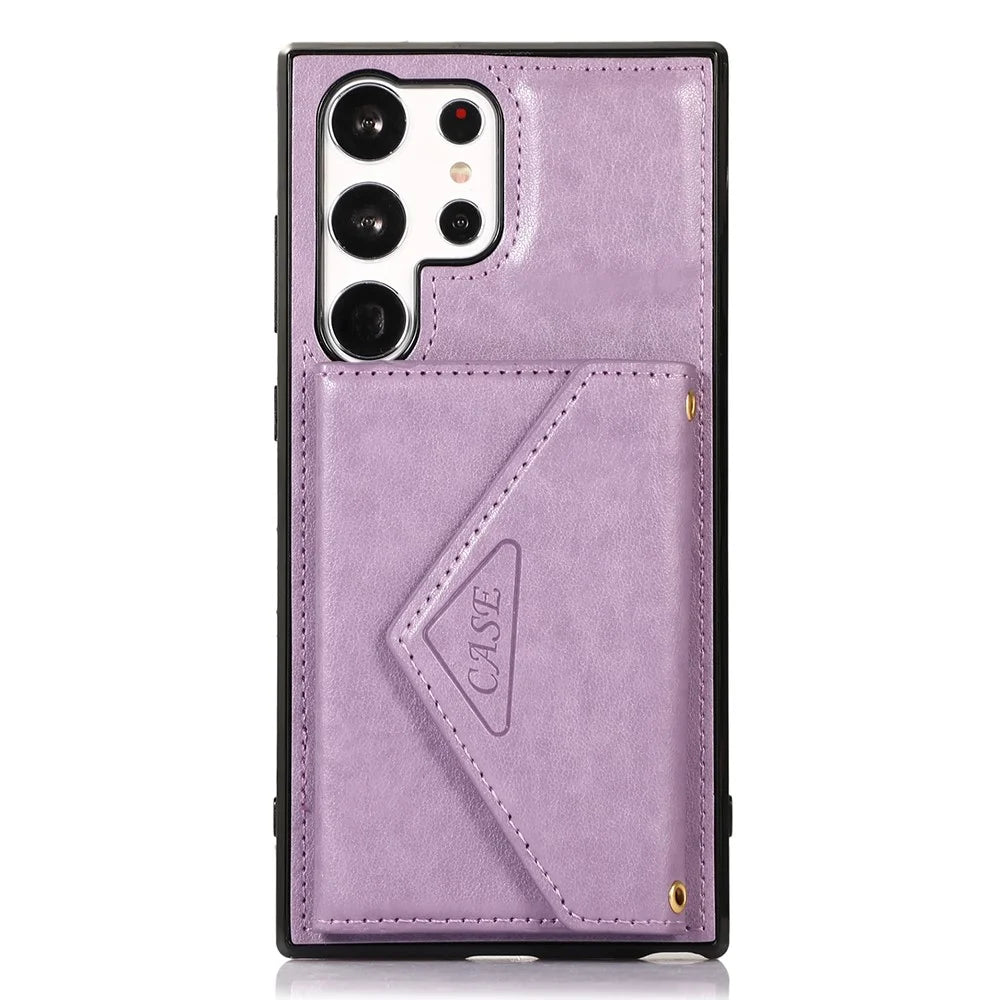 For Samsung Galaxy S24 Ultra Cell Phone Case Triangle Lid Card Bag Leather + TPU Cover with Long Strap - Purple - 6