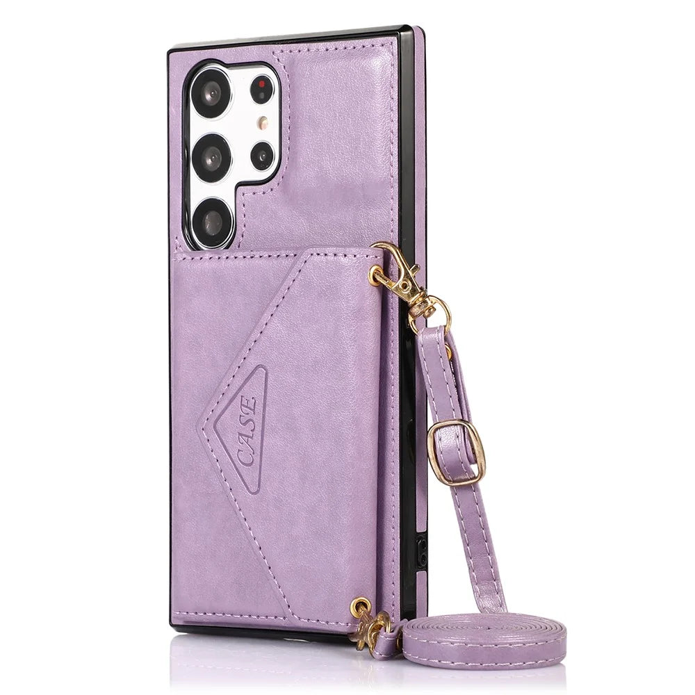 For Samsung Galaxy S24 Ultra Cell Phone Case Triangle Lid Card Bag Leather + TPU Cover with Long Strap - Purple - 7