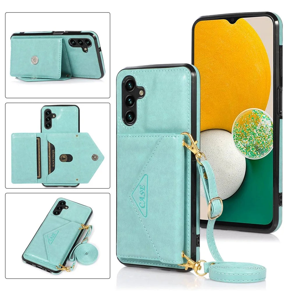 For Samsung Galaxy A16 4G / 5G Cell Phone Case Triangle Lid Card Bag Leather + TPU Cover with Long Strap - Green - 1