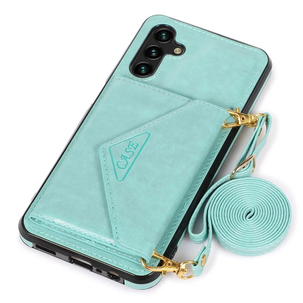 For Samsung Galaxy A16 4G / 5G Cell Phone Case Triangle Lid Card Bag Leather + TPU Cover with Long Strap - Green - 5