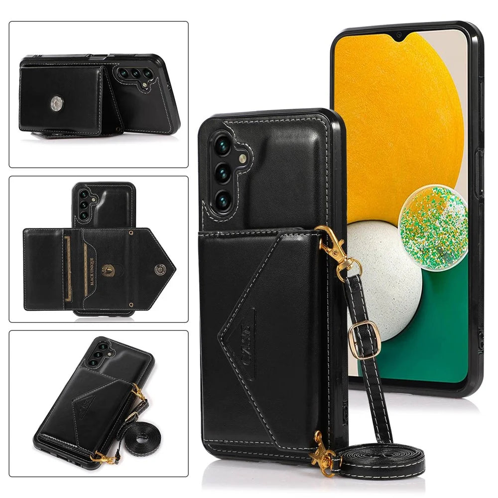 For Samsung Galaxy A26 5G Cell Phone Case Triangle Lid Card Bag Leather + TPU Cover with Long Strap - Black - 1