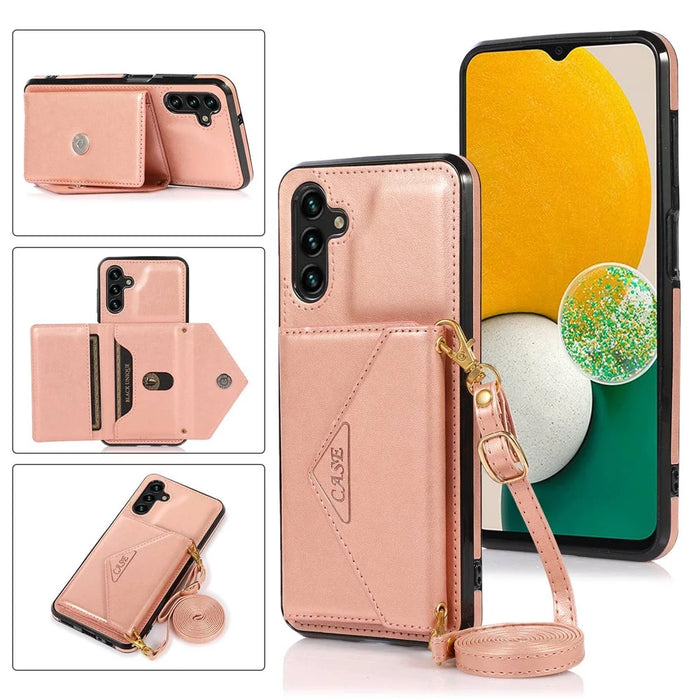 For Samsung Galaxy A36 5G Cell Phone Case Triangle Lid Card Bag Leather + TPU Cover with Long Strap - Rose Gold - 1
