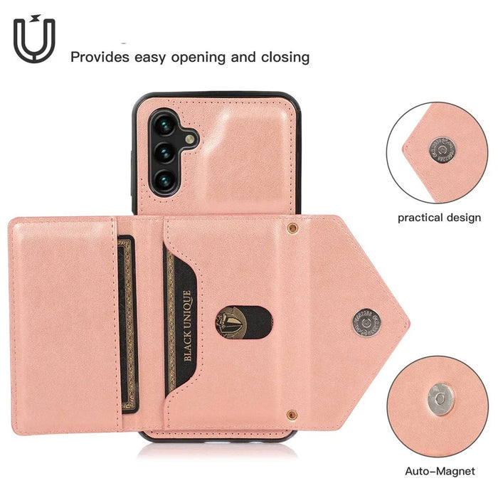 For Samsung Galaxy A36 5G Cell Phone Case Triangle Lid Card Bag Leather + TPU Cover with Long Strap - Rose Gold - 4