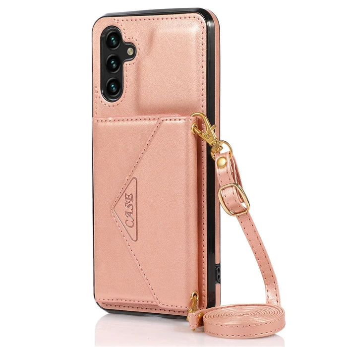 For Samsung Galaxy A36 5G Cell Phone Case Triangle Lid Card Bag Leather + TPU Cover with Long Strap - Rose Gold - 7
