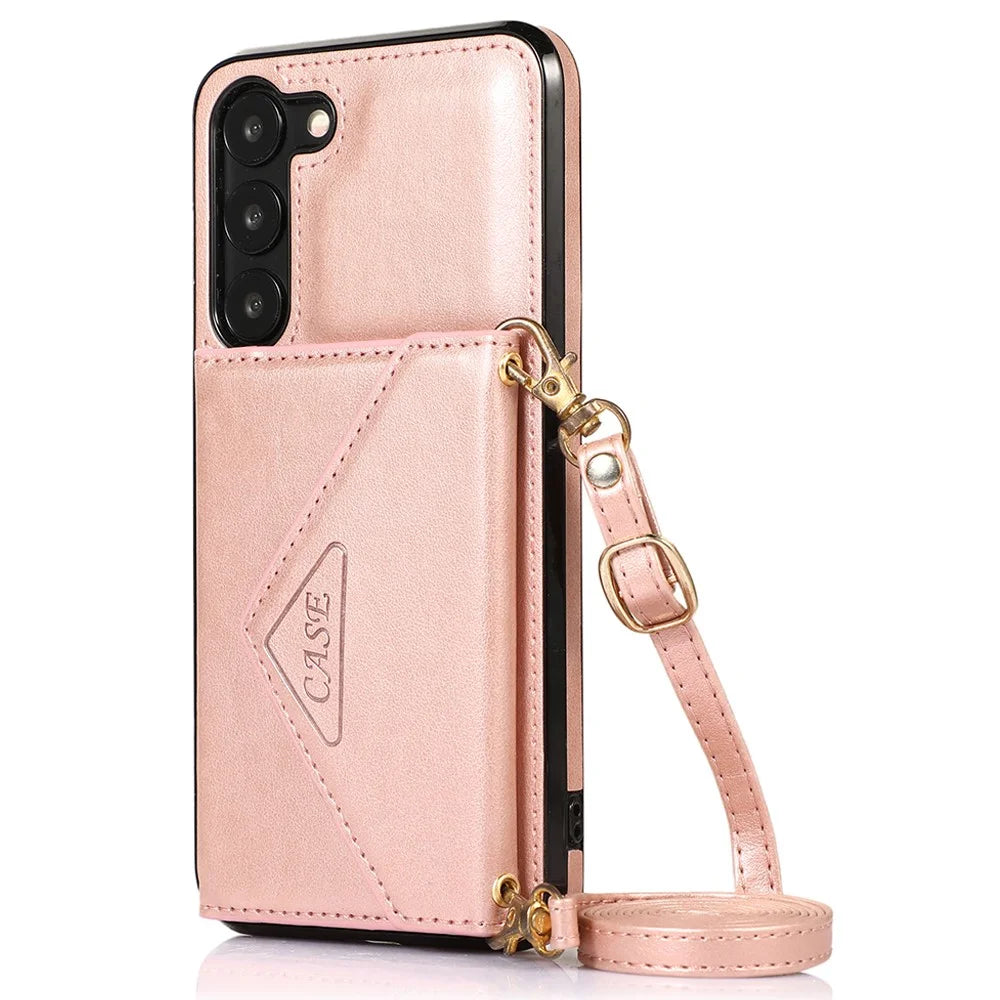 For Samsung Galaxy A56 5G Cell Phone Case Triangle Lid Card Bag Leather + TPU Cover with Long Strap - Rose Gold - 1