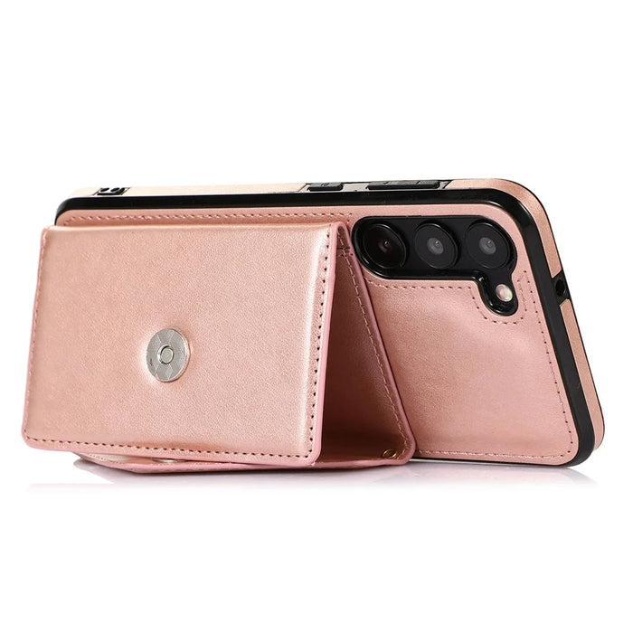 For Samsung Galaxy A56 5G Cell Phone Case Triangle Lid Card Bag Leather + TPU Cover with Long Strap - Rose Gold - 2