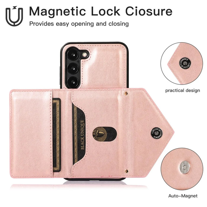 For Samsung Galaxy A56 5G Cell Phone Case Triangle Lid Card Bag Leather + TPU Cover with Long Strap - Rose Gold - 4