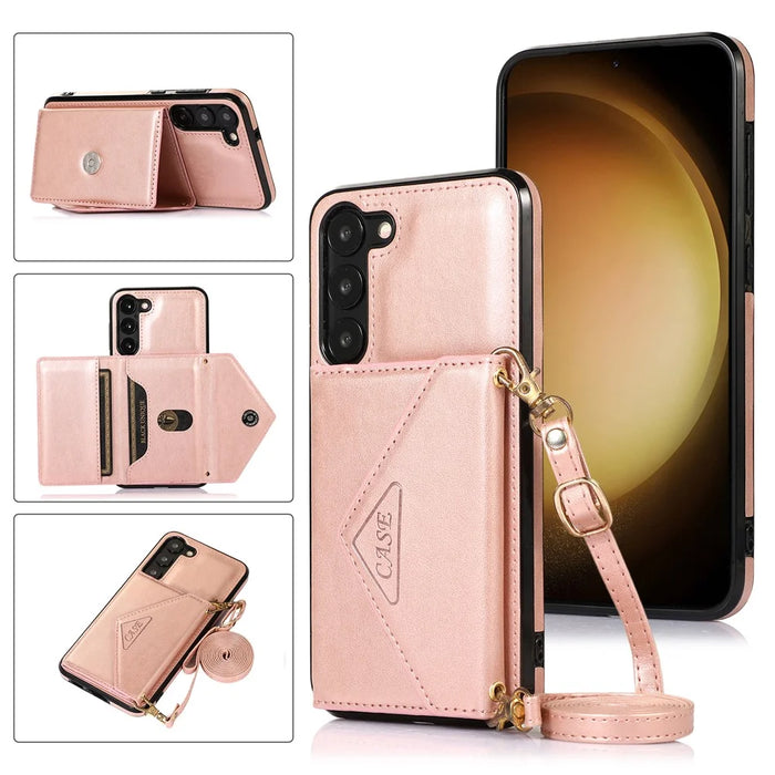 For Samsung Galaxy A56 5G Cell Phone Case Triangle Lid Card Bag Leather + TPU Cover with Long Strap - Rose Gold - 6