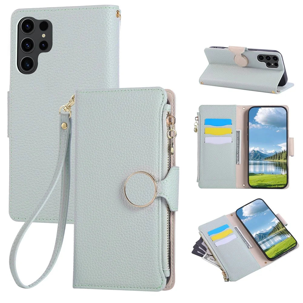 For Samsung Galaxy S24 Ultra Case Zipper Wallet Leather Phone Cover with Wrist Strap - Cyan - 1