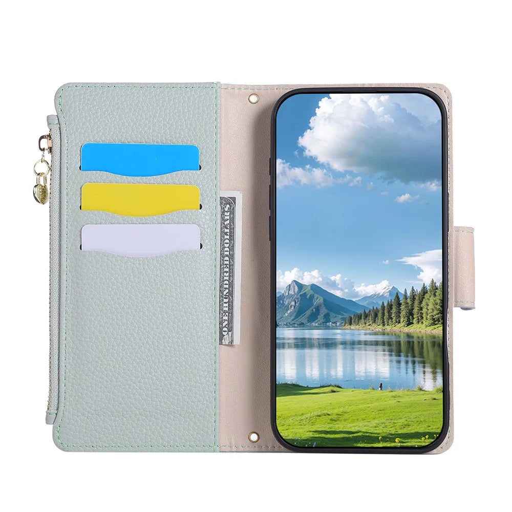 For Samsung Galaxy S24 Ultra Case Zipper Wallet Leather Phone Cover with Wrist Strap - Cyan - 2