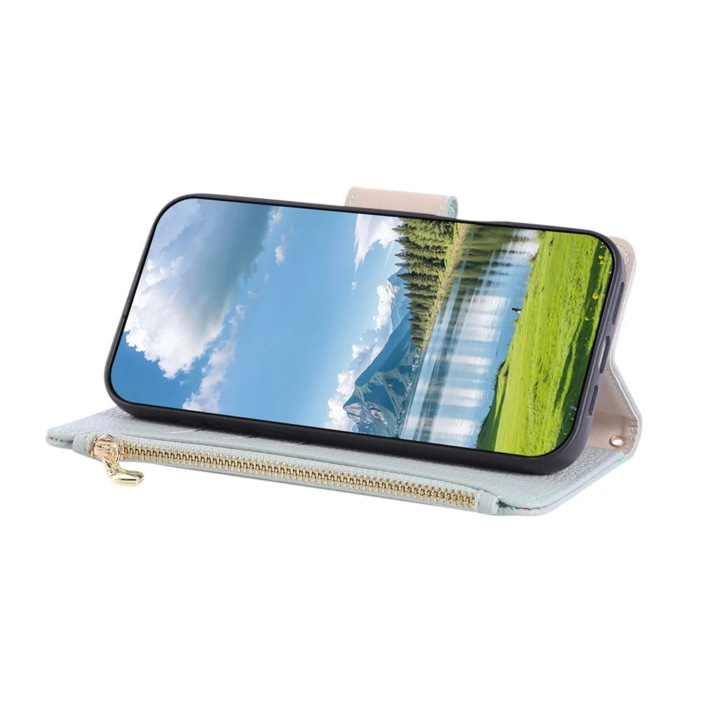 For Samsung Galaxy S24 Ultra Case Zipper Wallet Leather Phone Cover with Wrist Strap - Cyan - 3