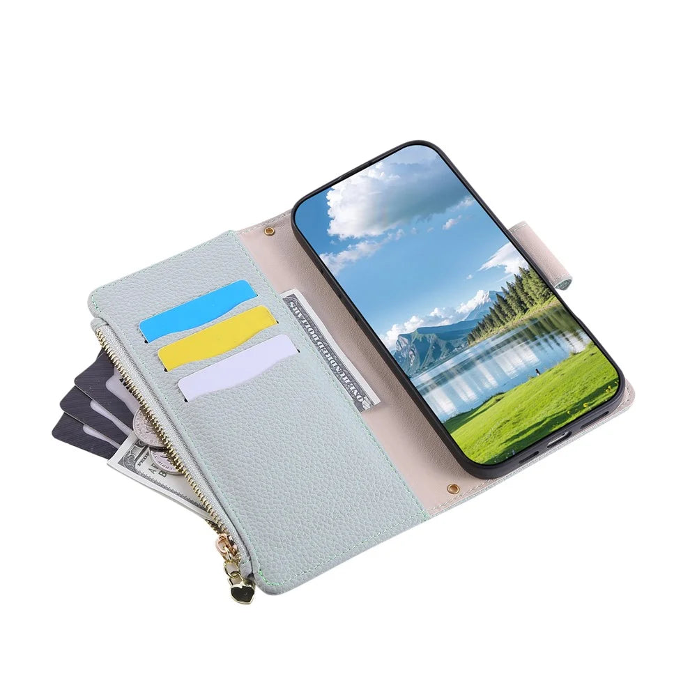 For Samsung Galaxy S24 Ultra Case Zipper Wallet Leather Phone Cover with Wrist Strap - Cyan - 5