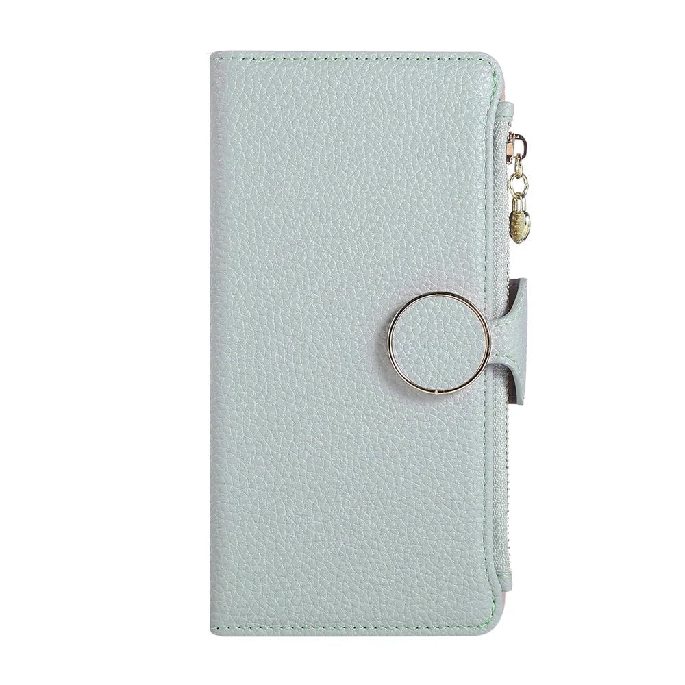 For Samsung Galaxy S24 Ultra Case Zipper Wallet Leather Phone Cover with Wrist Strap - Cyan - 6