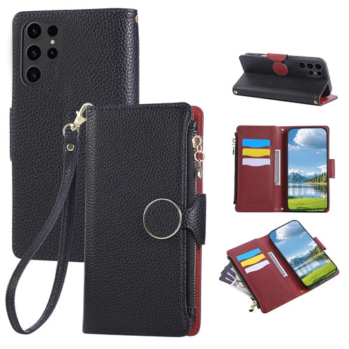For Samsung Galaxy  S25 Ultra Case Zipper Wallet Leather Phone Cover with Wrist Strap - Black - 1