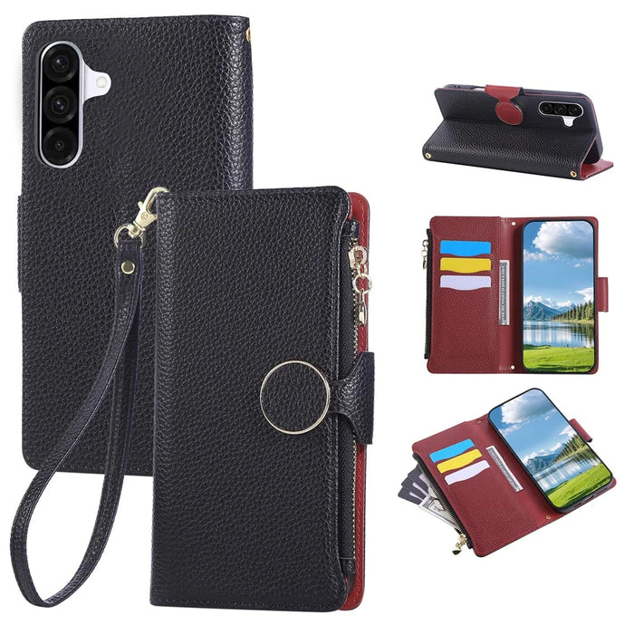 For Samsung Galaxy A15 4G / 5G Case Zipper Wallet Leather Phone Cover with Wrist Strap - Black - 1