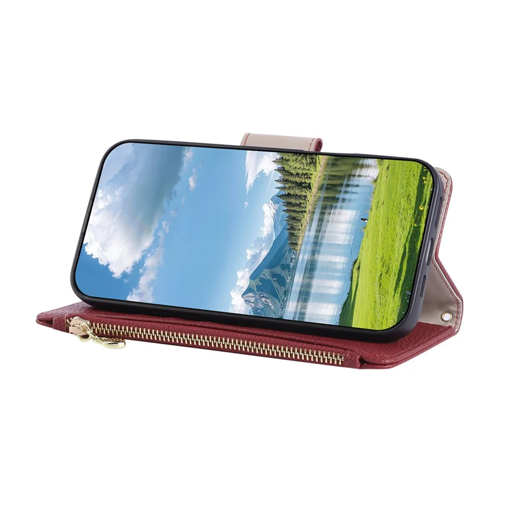 For Samsung Galaxy A25 5G (Global) (161.0mm) Case Zipper Wallet Leather Phone Cover with Wrist Strap - Wine Red - 3
